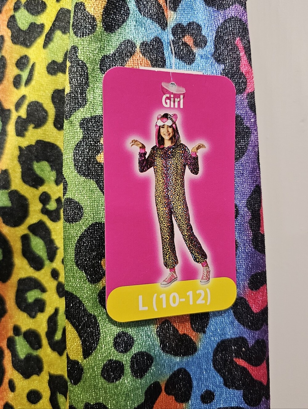New Party Animal Neon Cheetah Jumpsuit Costume Girls Large 10-12 Rainbow Hooded